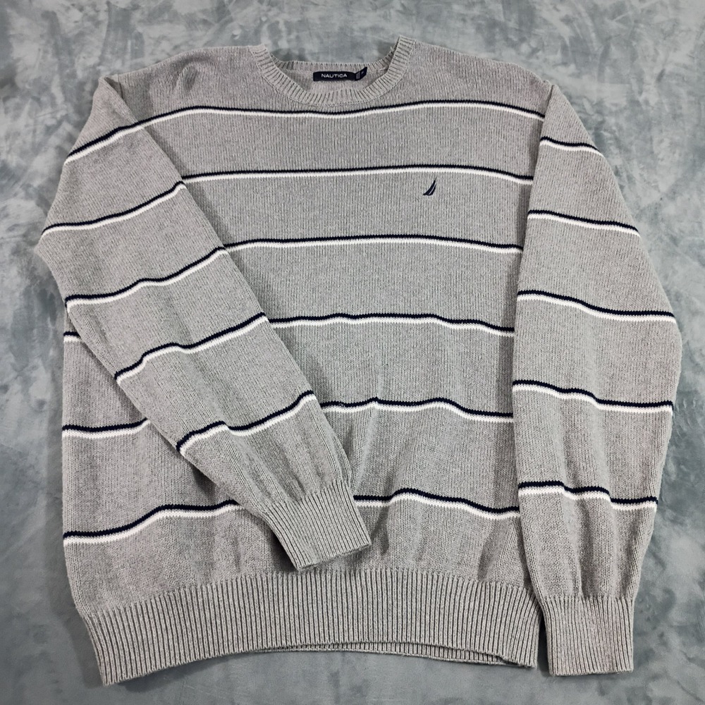 Nautica Mens XL Gray Striped Cotton Knit Crewneck Sweater Navy White Logo